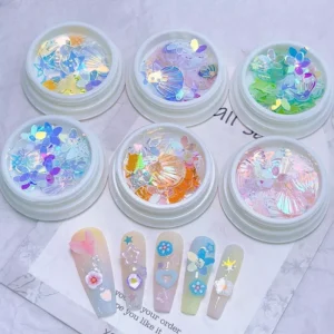 Assorted Ocean Sparkle Nail Sequins with iridescent shapes in mixed color pots