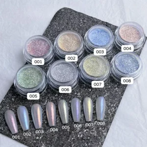 Full Aurora Opal Nail Glitter palette placed on black sparkle background with labeled swatches