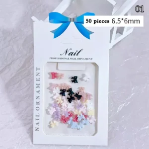 3D resin ribbon bow nail charms in mixed pastel colors, 6.5x6mm size, 50 pieces