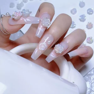 Full hand manicure featuring floral gradient resin nail charms