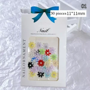 30-piece pack of pastel daisy nail charms with rhinestones, 11×11mm size