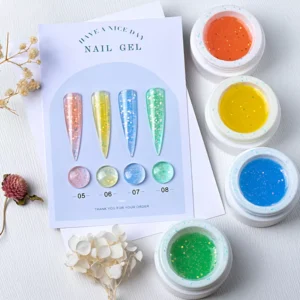 Yellow to mint glitter nail builder gels with color-matching jars