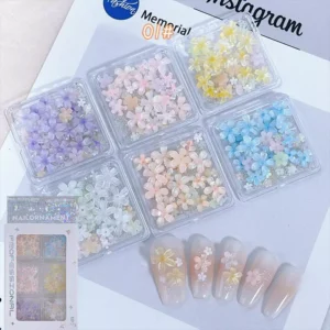 Floral pearl nail decorations 01# Pastel Flower & Pearl Mix with themed embellishments in divided trays and nail samples