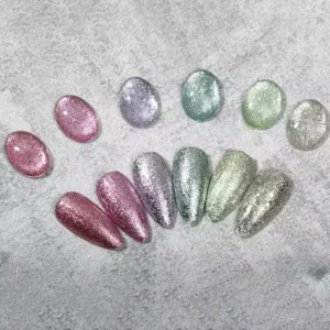 Soft pastel and mint-toned glitter gel swatches on grey background