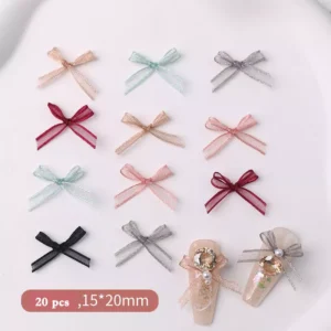 Multi-color lace ribbon nail bows arranged with nail tip examples