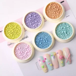 Pastel macaron nail beads in orange, mint, sky blue and purple with matching art samples