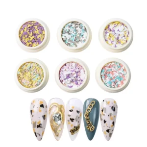 Pastel Crushed Stone Nail Flakes in 6 jars with terrazzo-inspired nail samples