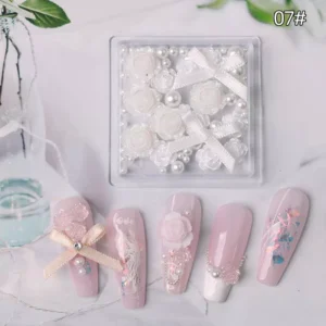 Purple and white rose nail kit with layered 3D florals and bows