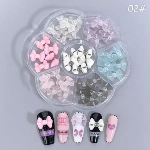 Resin pearl bows with logo prints in soft pastel shades