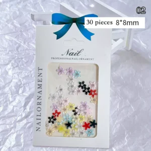 30 tiny flower nail charms with rhinestones in 8×8mm pack