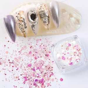 Pink holographic hexagon glitter flakes for sparkling nail art, DIY nail decoration