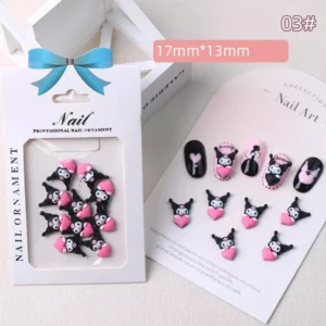 Kuromi pink heart nail charms in box and styled looks