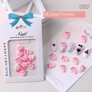 Pink My Melody heart nail charms with bow accents – retail box + nail ideas