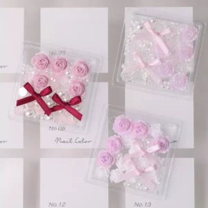 Romantic Rose Nail Art Kit featuring pink florals and burgundy bows