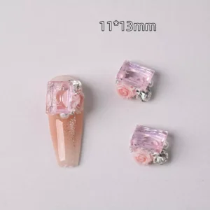 Rectangular pink nail gem with rose and pearl, 11x13mm