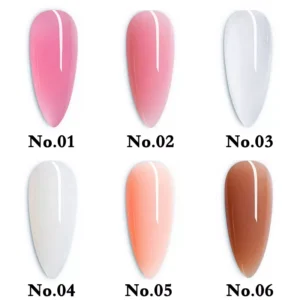 Close-up of 6 Nude Poly Nail Gel Shades in Almond Nail Swatches