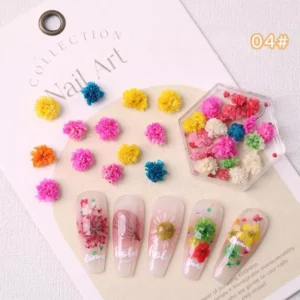 Fluffy pom-pom dried flowers in bold bright colors for nails