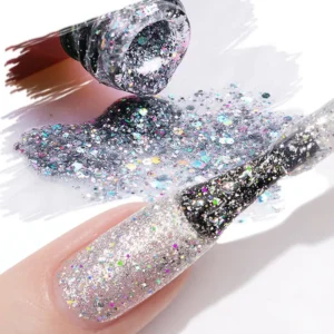 Brush dipping into silver holographic glitter gel polish bottle