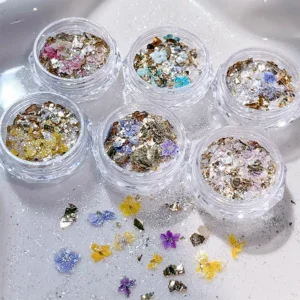 Pressed flower nail glitter with iridescent gold foil in clear pots