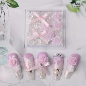 All-white Romantic Rose Nail Art Kit with lace bows and pearls