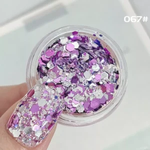 Purple holographic nail sequins with mixed hexagonal glitter