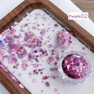 Purple holographic nail glitter with heart and star sequins and decorated nail tip
