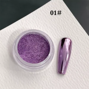 Mirror Chrome Nail Powder in holographic purple with reflective nail finish