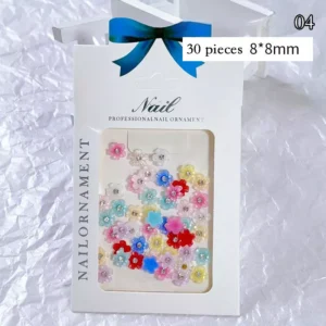 Colorful 3D nail flowers with rhinestones in 8×8mm size, 30 pieces