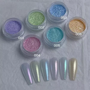 Iridescent glitter nail powders in individual jars with coordinating swatch nails