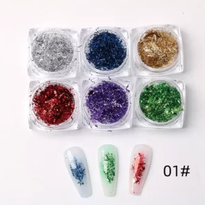 Foil Flake Nail Set featuring silver, red, blue, purple, green and gold foil in 01# Rainbow Mix