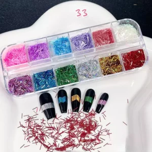 Straight-cut rainbow line glitters for nail art, organized by color with long strip application