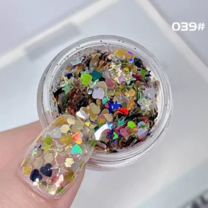 Colorful holographic hearts and stars glitter for nails in transparent base