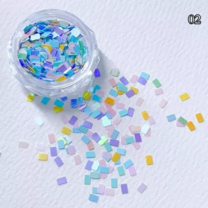 Iridescent rectangle sequins in candy colors inside nail jar