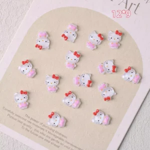 Classic red-bow kitty resin nail charms with pink outfits, 12×9mm