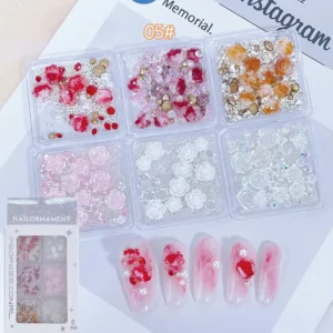 Nail decorations set 05# Red Rose & Glitter Mix with vibrant roses, pearls, and red rhinestone accents