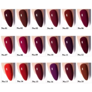 Close-up of 18 red gel polish shades with numbering