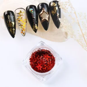 Red star nail glitter in a clear pot with applied nail designs above