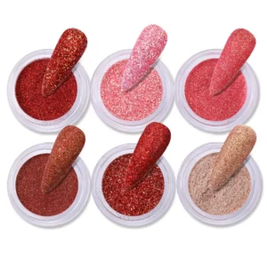Red and rose gold sparkle nail powders with rich chrome glitter textures