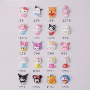 Resin cartoon nail charms showing 20 character variations with dimensions
