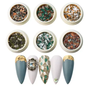 Earthy rock texture nail decorations in deep tones with moss green nail art