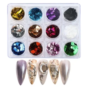 Solid color heart nail glitter set with nude and silver design ideas