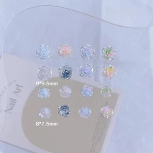 Size comparison of resin rose nail charms in 9x9.5mm and 8x7.5mm