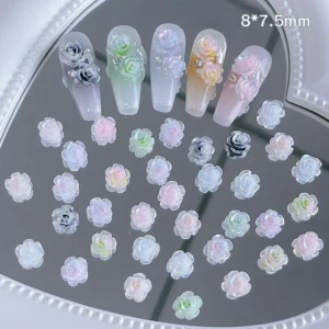 Full nail display with single-pack iridescent resin rose charms