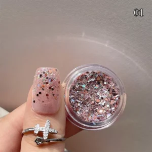 Rose pink chunky nail glitter in a clear pot with multi-size hexagonal flakes
