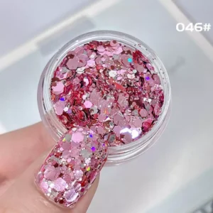 Bright rose pink glitter with holographic sparkle in mixed particle sizes
