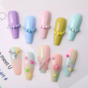 3D pastel bubble nail bead designs on colorful nail tips – cute and playful style