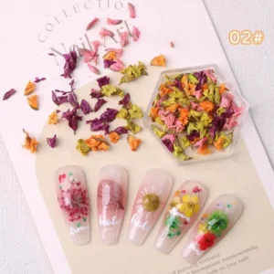 Mixed dried petals in green, orange, and purple for nail art