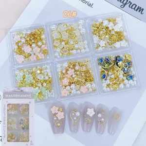 Nail decorations set 06# Sakura Gold Accent Mix with pastel flowers and golden frames in pearl base