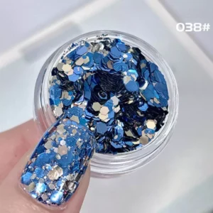 Blue and silver chunky glitter mix for nails with high-reflective finish