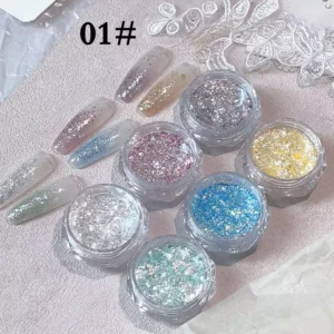 Set 01# of vintage glitter nail flakes in silver, pink, blue, and gold